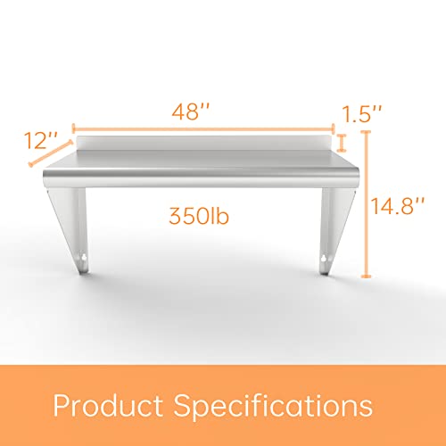  ERUPTA 12 X 48 Inches 300 Lb,Stainless Steel Wall Mount Floating Shelving,Commercial Stainless Steel NSF Shelf For Restaurant Kitchen, Home Kitchen,Hotle,Food Truk,Garage.