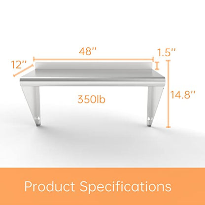  ERUPTA 12 X 48 Inches 300 Lb,Stainless Steel Wall Mount Floating Shelving,Commercial Stainless Steel NSF Shelf For Restaurant Kitchen, Home Kitchen,Hotle,Food Truk,Garage.