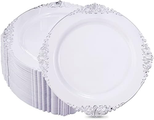  100pcs Silver Plastic Plates & White With Silver Disposable Plates & 7.5inch Silver Disposable Dessert Plates-Perfect For Christmas & Wedding & Party