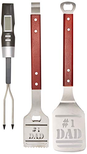  BBQ Grill Tools Set Gift For Dad, 4 Piece Set, Number 1 Dad Tongs, Spatula, Digital Thermometer And Case