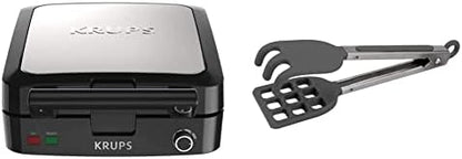 Krups Belgian Waffle Maker, Waffle Maker With Removable Plates, 4 Slices, Silver/Black & Norpro Grip-EZ Grab And Lift Silicone Tongs, Set Of 1, Black