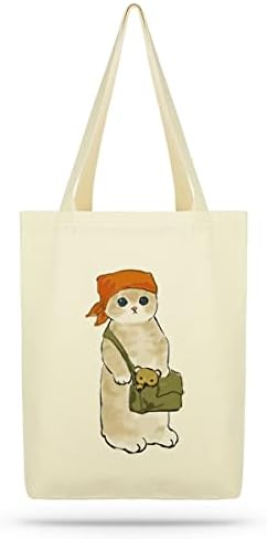  ÇINAR BEZ ÇANTA A.Ş. Eco Tote Bag, Canvas Tote Bag For Women With Cat Print, Zippered Inner Pocket, The Tote Bag