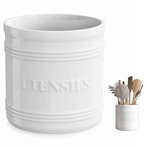  Utensil Holder For Countertop Porcelain Utensil Caddy Farmhouse Decor Kitchen Utensil Crock Large Size For Kitchen Storage, White