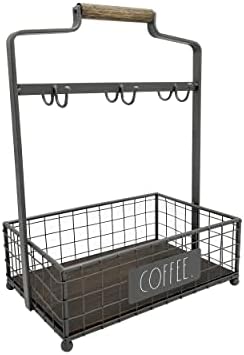  Coffee Mug Holder - 6 Hook Coffee Cup Rack With Rectangular Rustic Style Crockery Holder - Storage Or Display - Mug Stand Organizer For Kitchen Counter Or Cafe Countertop - But First Coffee
