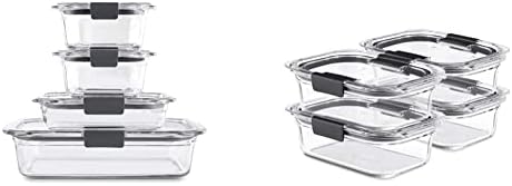 Rubbermaid 8-Piece Brilliance Glass Food Storage Containers With Lids For Lunch, Meal Prep, And Leftovers, Dishwasher And Oven Safe, Clear/Grey