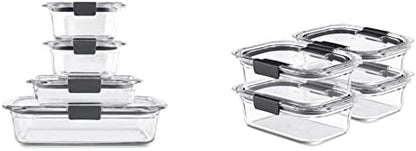 Rubbermaid 8-Piece Brilliance Glass Food Storage Containers With Lids For Lunch, Meal Prep, And Leftovers, Dishwasher And Oven Safe, Clear/Grey
