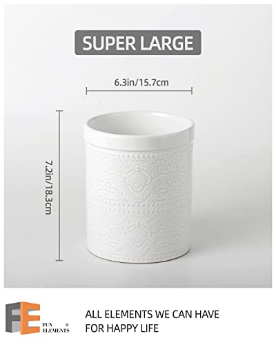  Kitchen Utensil Holder, 7.2" Super Large Utensil Crock Heavy And Stable Lace Emboss Ceramic Utensil Holder For Kitchen Counter (Bright White)