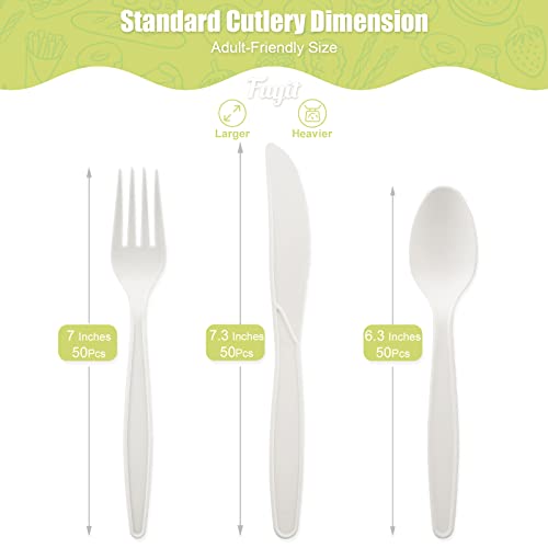  150 Count Compostable Cutlery Set, Disposable Biodegradable Utensils Eco-friendly Durable Cornstarch Flatware Includes 50 Forks, Knives & Spoons For Party, BBQ, Picnic & Potlucks (White)