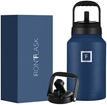  Ports Water Bottle - 128 Oz/One Gallon, 2 Lids, Straw And Spout, Leak Proof, Vacuum Insulated Stainless Steel, Hot Cold, Double Walled, Simple Thermo Mug, Metal Canteen Jug Growler