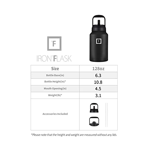  Ports Water Bottle - 128 Oz/One Gallon, 2 Lids, Straw And Spout, Leak Proof, Vacuum Insulated Stainless Steel, Hot Cold, Double Walled, Simple Thermo Mug, Metal Canteen Jug Growler