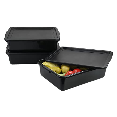  Pack Of 3 Food Service Bus/Utility Tote Box With Lid, Plastic Restaurant Dish Tub, 13 L, Black