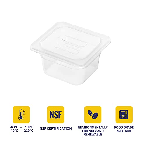  BIEAMA 6 Pack Food Pans With Lids, 1/6 Size 4'' Deep, Polycarbonate, Clear