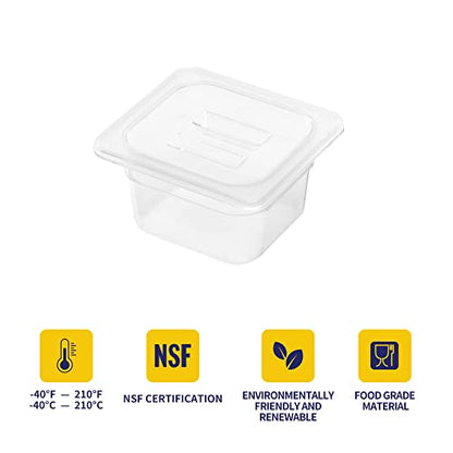  BIEAMA 6 Pack Food Pans With Lids, 1/6 Size 4'' Deep, Polycarbonate, Clear