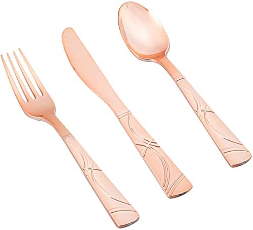  120 PCS Rose Gold Disposable Silverware, Rose Gold Cutlery Includes: 40 Rose Gold Plastic Forks, 40 Rose Gold Plastic Knives, 40 Rose Gold Plastic Spoons, Plastic Silverware For Parties