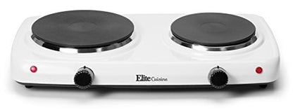  Cuisine EDB-302F Double Countertop Portable Buffet Burner Electric Hot Plate, Dual Temperature Controls, Flat Cast Iron Heating Plates, Power Indicator Lights, Easy To Clean, 1440 Watts, White