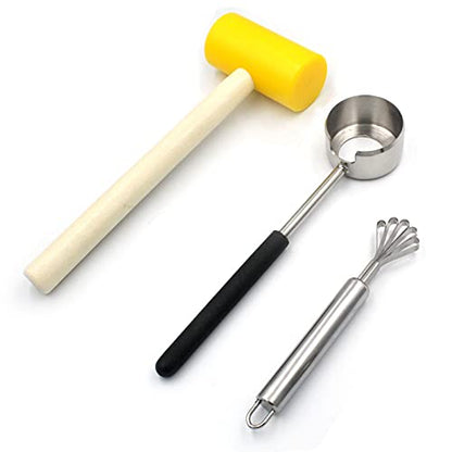  Coconut Opener Set For Young & Mature Coconuts By CoCoMaster |Coconut Tools For Meat Removal With Hammer & Stainless Steel Knife
