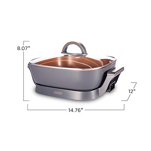  RUX Electric Skillet With Glass Lid - Nonstick Scratch Resistant Ceramic Pan, Extra Deep With Removable Temperature Probe, 12" X 12", 1400 Watts