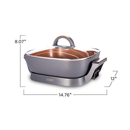  RUX Electric Skillet With Glass Lid - Nonstick Scratch Resistant Ceramic Pan, Extra Deep With Removable Temperature Probe, 12" X 12", 1400 Watts