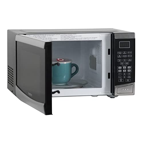  MW92S Microwave Oven 900-Watts Compact With 6 Pre Cooking Settings, Speed Defrost, Electronic Control Panel And Glass Turntable, Metallic