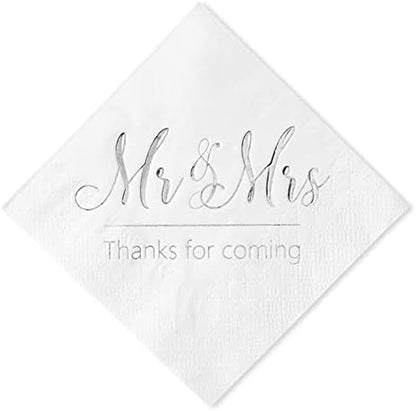  Wedding Napkins Mr Mrs Burgundy Silver Cocktail Beverage Dessert Disposable Napkins For Wedding Shower Engagement Party Decorations, Wedding Table Decor, 100 Pcs, 3-Ply