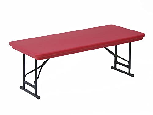  30"x60" Short Commercial Folding Table, Height Adjustable (17"-27") Red Light Weight, Waterproof, Virtually Indestructible Blow Molded Plastic Top, Steel Ladder Frame, Made In The USA