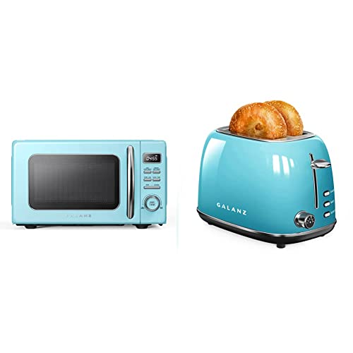  GLCMKZ07BER07 Retro Countertop Microwave Oven, Pull Handle.7 Cu Ft, Blue & Retro 2-Slice Toaster, 1.5" Wide Slot, 6 Browning Levels, Includes A Dust Cover And Removable Crumb Tray, Blue