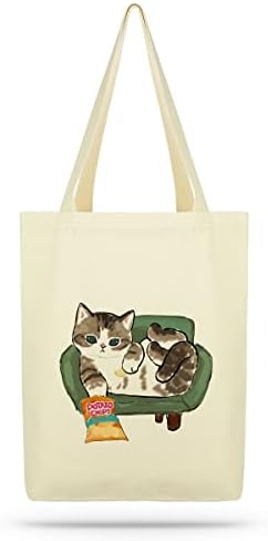  ÇINAR BEZ ÇANTA A.Ş. Eco Tote Bag, Canvas Tote Bag For Women With Cat Print, Zippered Inner Pocket, The Tote Bag