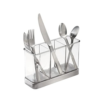  Plastic Cutlery Storage Organizer Caddy Bin For Kitchen Table, Cabinet Or Pantry - Holds Forks, Knives, Spoons, Serving Utensils - Indoor Or Outdoor Use, 3 Sections - Clear/Chrome