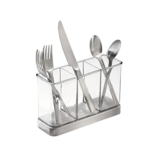  Plastic Cutlery Storage Organizer Caddy Bin For Kitchen Table, Cabinet Or Pantry - Holds Forks, Knives, Spoons, Serving Utensils - Indoor Or Outdoor Use, 3 Sections - Clear/Chrome