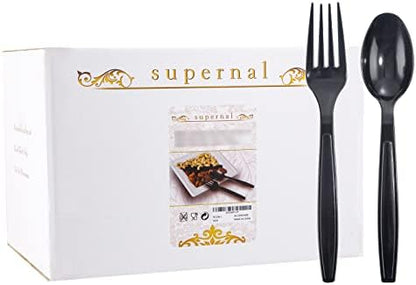  Supernal 400pcs Plastic Forks And Spoons,Black Plastic Silverware,Party Plastic Utensls Include 200 Plastic Forks And 200 Plastic Spoons For Home Kitchen Birthday,Party,Wedding, Easter, Monther's Day