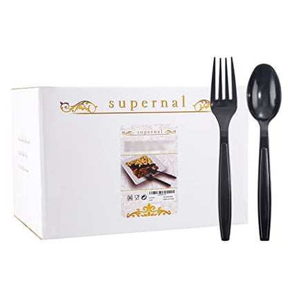  Supernal 400pcs Plastic Forks And Spoons,Black Plastic Silverware,Party Plastic Utensls Include 200 Plastic Forks And 200 Plastic Spoons For Home Kitchen Birthday,Party,Wedding, Easter, Monther's Day