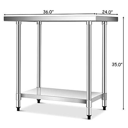  Giantex 36 X 24 Inches Stainless Steel Work Table, Commercial Kitchen Prep Work Table With Galvanized Shelf, Adjustable Plastic Feet, Heavy Duty Work Prep Table For Kitchen, Restaurant