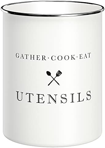  White Utensil Holder For Kitchen Countertop, Farmhouse Metal Utensil Crock, Rustic Country Decorative Kitchen Utensil Caddy Large, 5.5x6.75