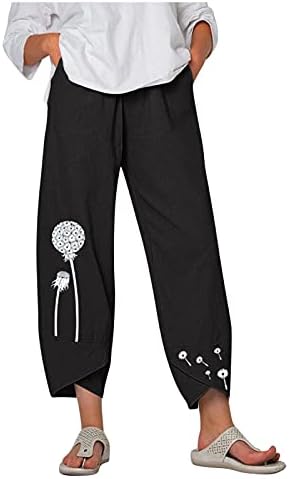  Kingspinner Capri Pants For Women Plus Size Cotton Linen Flowers Printed Pants Pockets Cotton Linen Elastic Waist Trousers