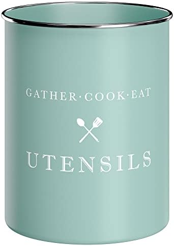  White Utensil Holder For Kitchen Countertop, Farmhouse Metal Utensil Crock, Rustic Country Decorative Kitchen Utensil Caddy Large, 5.5x6.75