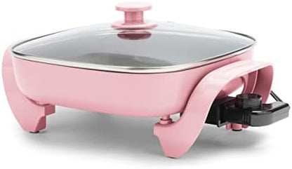  Healthy Ceramic Nonstick, 12" 5QT Square Electric Skillet With Glass Lid, Dishwasher Safe, Adjustable Temperature Control, PFAS-Free, Pink