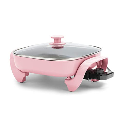  Healthy Ceramic Nonstick, 12" 5QT Square Electric Skillet With Glass Lid, Dishwasher Safe, Adjustable Temperature Control, PFAS-Free, Pink