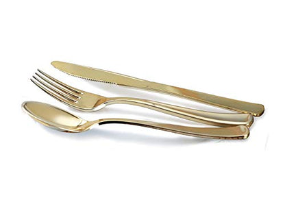  " OCCASIONS " 600 Pcs Set & 120 Guest Wedding Disposable Plastic Plate & Silverware Combo Set (Ivory & Gold Rim Plates, Gold Silverware)