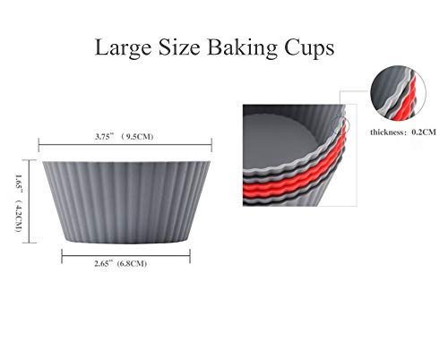  12 Pack Reusable Nonstick Jumbo Silicone Baking Cups, Cupcake And Muffin Liners, 3.8 Inch Large Size, Red And Gray Colors, Round