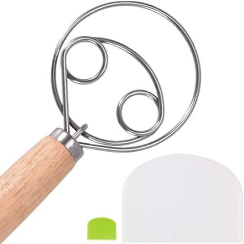  The Original Danish Dough Whisk - 304 Stainless Steel Ring Nonstick Dutch Whisk For Dough - Long Wooden Danish Dough Whisker Bread Mixer Handle Bundle With Flexible Plastic Scraper Cutter