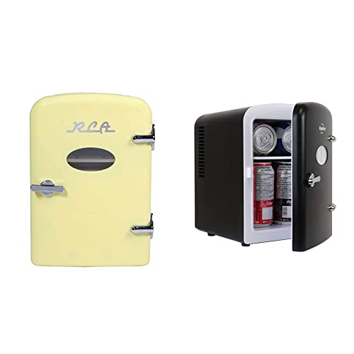 RCA RMIS129-YELLOW Mini Fridge, Yellow & Koolatron Retro Mini Portable Fridge, 4L Compact Refrigerator For Skincare, Beauty Serum, Face Mask, Personal Cooler, Includes 12V And AC Cords