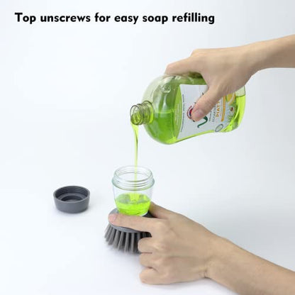 Dish Brush With Soap Dispenser, Kitchen Scrub Brush For Dishes Pots Pans Sink Cleaning, Dish Scrubber With Holder Set (Grey Handle & Nylon Bristles)