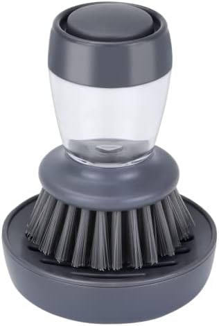  Dish Brush With Soap Dispenser, Kitchen Scrub Brush For Dishes Pots Pans Sink Cleaning, Dish Scrubber With Holder Set (Grey Handle & Nylon Bristles)