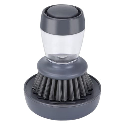  Dish Brush With Soap Dispenser, Kitchen Scrub Brush For Dishes Pots Pans Sink Cleaning, Dish Scrubber With Holder Set (Grey Handle & Nylon Bristles)