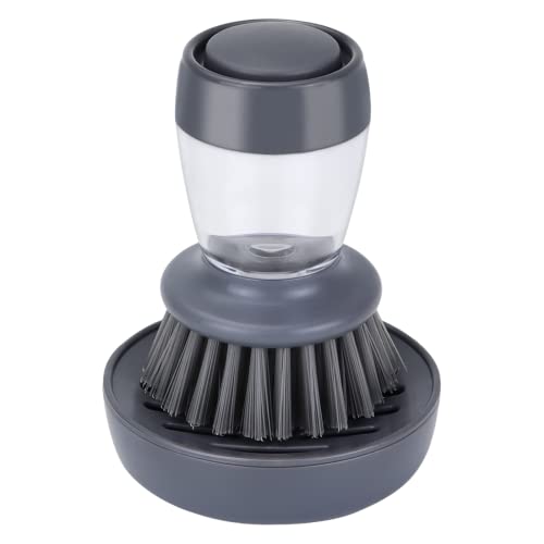  Dish Brush With Soap Dispenser, Kitchen Scrub Brush For Dishes Pots Pans Sink Cleaning, Dish Scrubber With Holder Set (Grey Handle & Nylon Bristles)