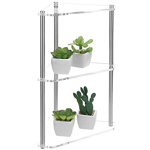 MyGift 3 Tier Clear Acrylic And Metal Tabletop Decorative Display Stand Desktop Corner Shelf, Tiered Bathroom Vanity Cosmetic Makeup Organization Shelves