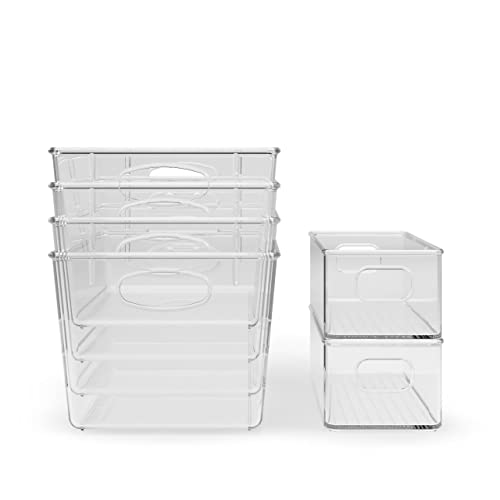  Pantry Organization And Storage Container Bins For Kitchen, Laundry, Refrigerator, Freezer. Durable Heavy Duty Clear Plastic With Handles - 6 Pack