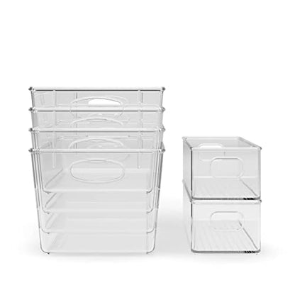  Pantry Organization And Storage Container Bins For Kitchen, Laundry, Refrigerator, Freezer. Durable Heavy Duty Clear Plastic With Handles - 6 Pack