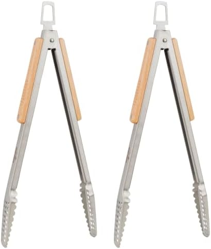  16" BBQ Grill Tongs – Kitchen & Extra Long Grilling Tongs, Stainless Steel With Durable Oak Handles, Metal Tongs For Cooking, Barbecue Tongs, Ergonomic Design