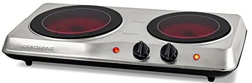  Vente Electric Double Infrared Burner 7.75 & 6.75 Inch Ceramic Glass Hot Plate Cooktop, 1700W Portable Countertop Stove With Temperature Control & Easy To Clean Stainless Steel Base, Silver BGI102S